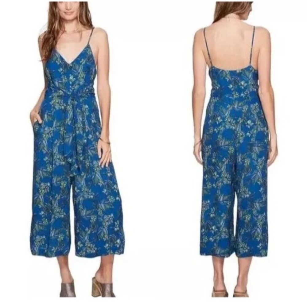 Free People Hot Tropics Wide Leg Crop Jumpsuit Womens 6 Blue Tropical Beach Boho